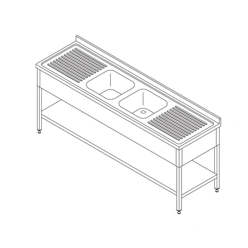 Spoeltafel - 210 x 70 cm - 2 Wasbakken - incl. Spatrand en Onderschap