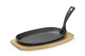 Gietijzeren schaal met houten onderlegger en greep, HENDI, Zwart, 280x143x(H)33mm, Ovaal