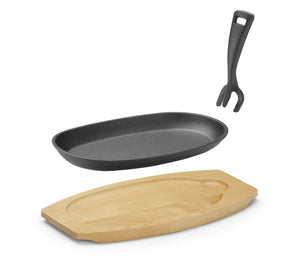 Gietijzeren schaal met houten onderlegger en greep, HENDI, Zwart, 280x143x(H)33mm, Ovaal