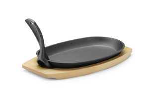 Gietijzeren schaal met houten onderlegger en greep, HENDI, Zwart, 280x143x(H)33mm, Ovaal