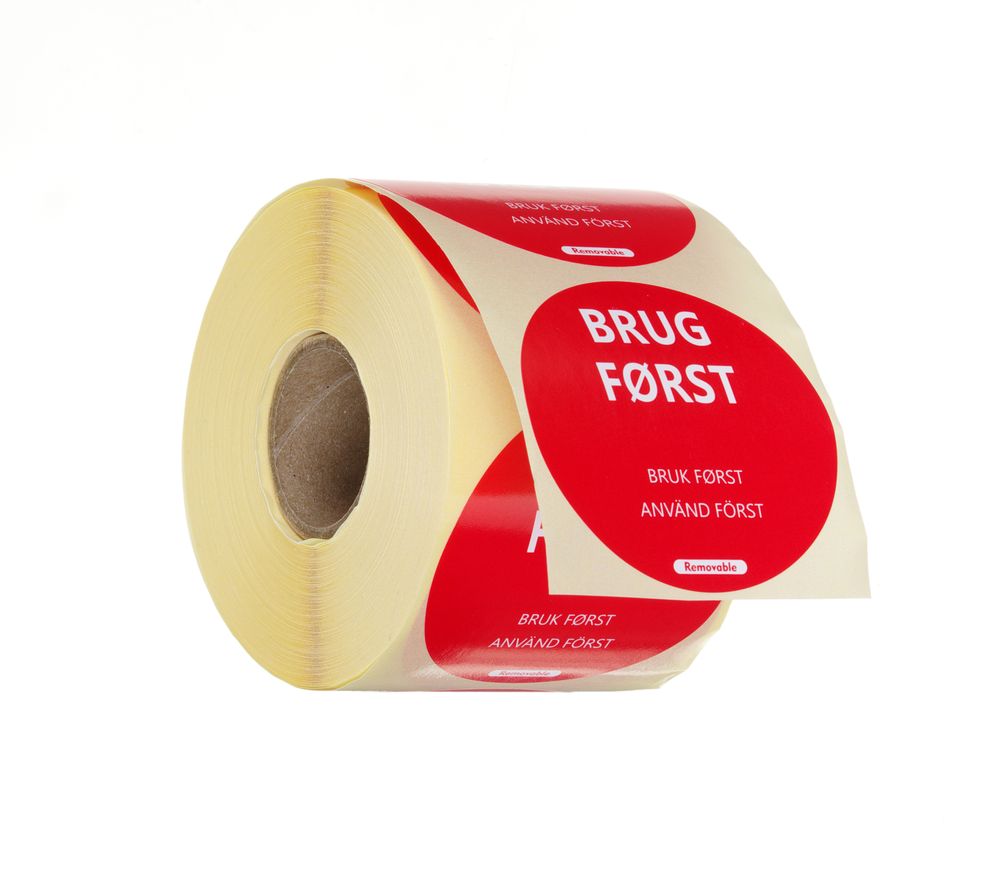 Voedselveiligheidsstickers, multifunctioneel, eenvoudig verwijderbaar, “EERST GEBRUIKEN”, HENDI, Rood, 500 st., ⌀50mm